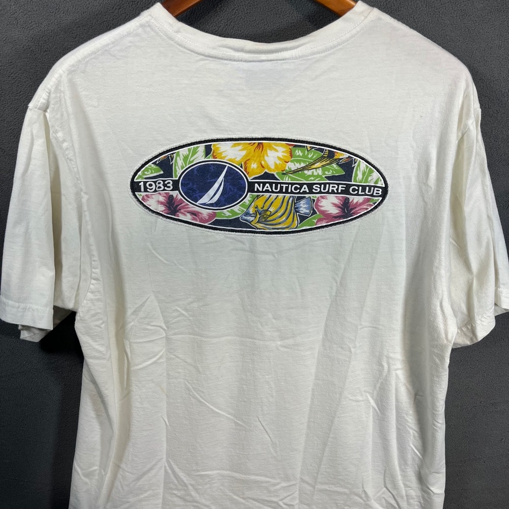 Nautica Mens Surf Club Graphic T-Shirt White Cotton Tropical Back Print Large